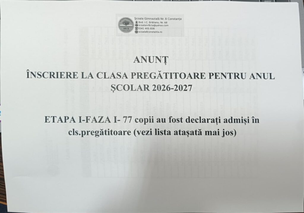 ÎNSCRIERE LA CLASA PREGĂTITOARE PENTRU ANUL ȘCOLAR 2026-2027